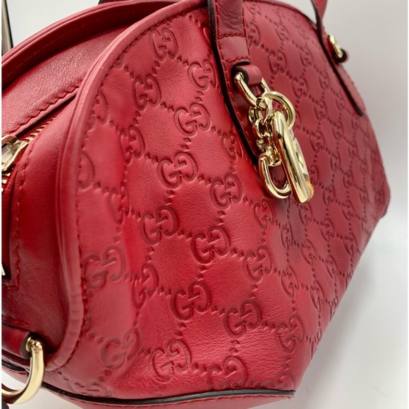 Auth Gucci Red Guccisima Leather Small Bowler Bag Gold Heart Charm Preloved - Picture 7 of 15